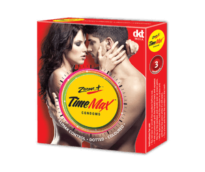 Pack of Zaroor TimeMax condoms by DKT India, 3 condoms pack with climax control, dotted, and coloured features, showing couple image.