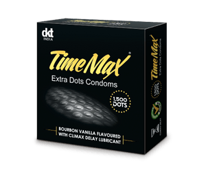 Pack of TimeMax Extra Dots condoms by DKT India, bourbon vanilla flavoured with climax delay lubricant, 1500 dots.