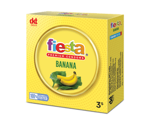 Pack of Fiesta Banana premium condoms by DKT India, 3’s pack with banana flavour.